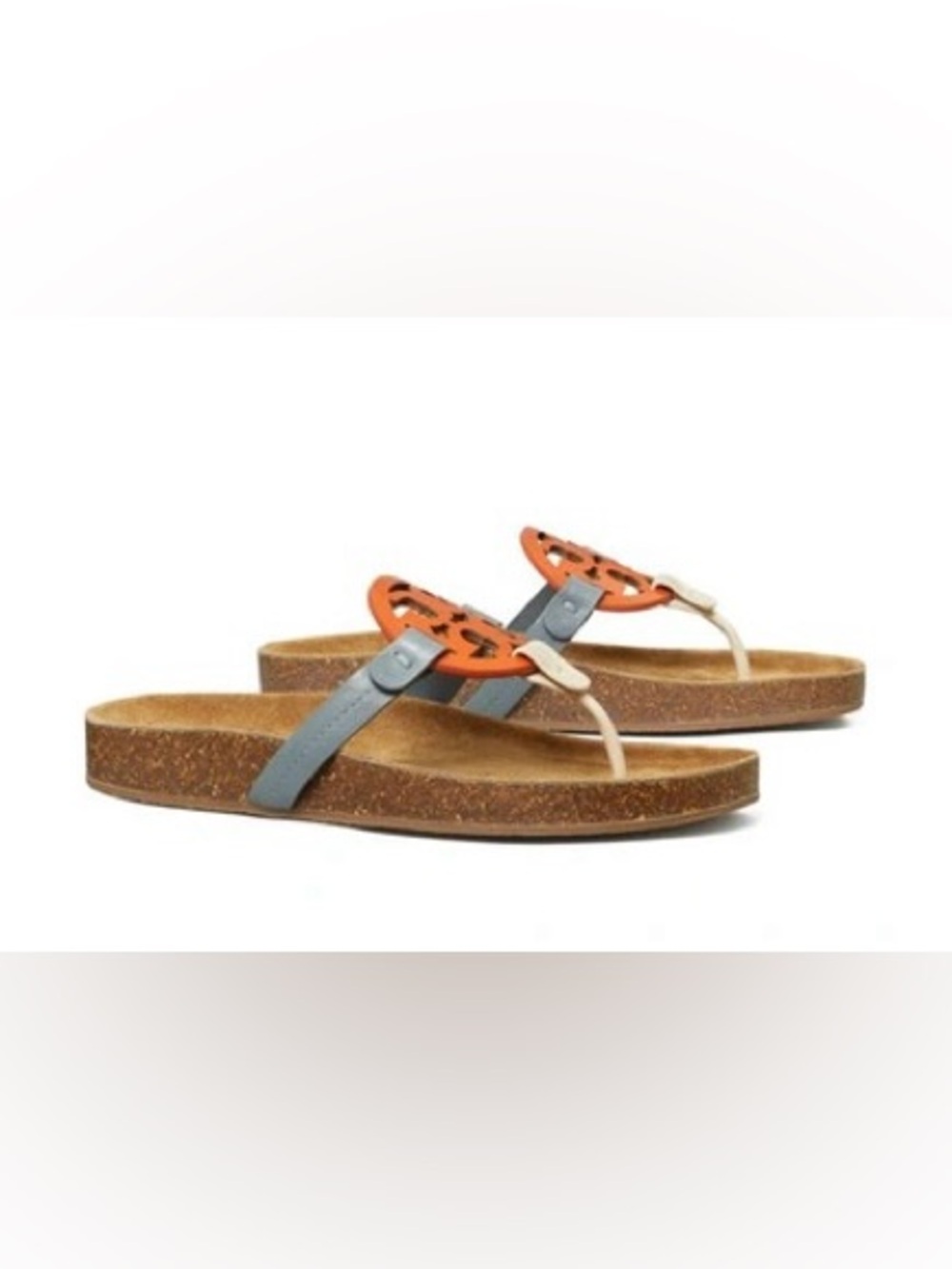 Tory Burch Orange and Gray Leather Cork Thong Sandals